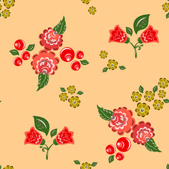 Seamless vector illustration with flowers in Russian folk style.