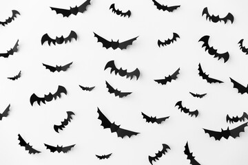 halloween, decoration and scary concept - flock of black paper bats flying over white background