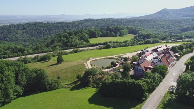 Germany Drone flight around Deutsches Haus near Weilheim an der Teck