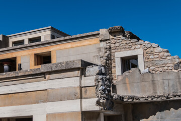 Minoan palace at Knossos on Greek Mediterranean Island of Crete partially reconstructed. Detail of ancient ruins. Heraklion, Crete, Greece.