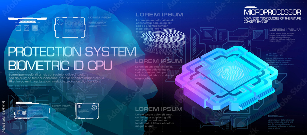 Poster cpu concept. powerful microprocessor of the future.protection system. biometric id. new generation p