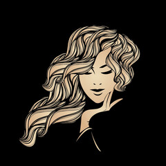 Hair salon and beauty studio vector illustration.Beautiful woman with long, wavy hairstyle and elegant makeup.Young blonde lady portrait.Smiling girl.Cosmetics and spa logo.Golden color.