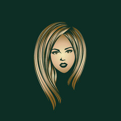 Hair salon and beauty studio vector illustration.Beautiful woman with elegant hairstyle and makeup.Young blonde lady portrait.Smiling girl.Cosmetics and spa logo.Golden color.
