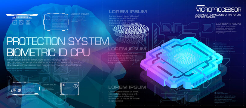 CPU Concept. Powerful microprocessor of the future.Protection system. Biometric ID. New generation processor for processing information. Concept banner