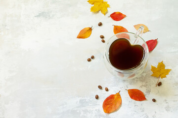 Autumnal concept with mup of Cup of hot coffee. Free space for your text.