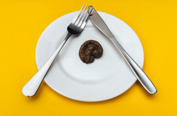 Plastic artificial excrement of lies on a white plate with fork and knife on yellow tablecloth.The concept of an inept cook, fake news, a crappy restaurant, bad food, a taste of shit.Bad smelling joke