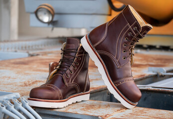 Man fashion brown boot leather on the floor.