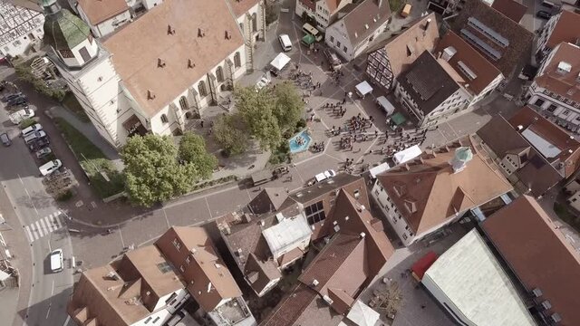 Drone flight Germany in city Weilheim an der Teck - Townhall and church 3of6