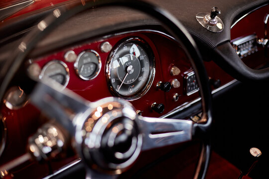 Katowice/Poland - 06.08.2019: Steering wheel and dashboard of the historic Maserati 3500 GT. Manufactured between 1957 and 1964. 270 hp R6 engine. Maximum speed is 235 km/h.