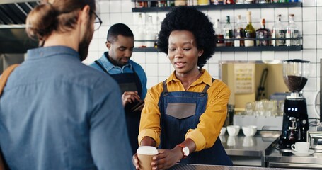 Pretty smiled African American female bartender serving and taking order from Caucasian guy. Rear...