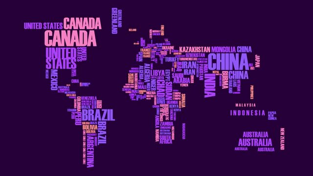 purple world map with names of countries written according to size of every territory turning fast on their axis perfect for travel and tourism industries