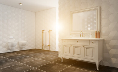 Modern Bathroom Interior Design. 3D rendering.. Sunset.