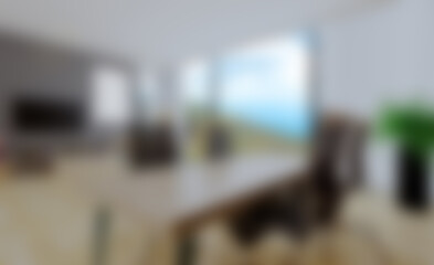 Unfocused, Blur phototography. Large office with light furniture. Room with large windows. Business background.. 3D rendering. Blank paintings.  Mockup.