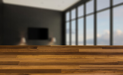 blurred interior on a wooden table background.Interior of a living room with a large window. TV weighs on the wall. Chairs on the parquet floor. 3D rendering