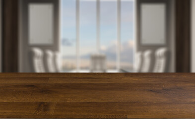 blurred interior on a wooden table background.meeting room with a large window and wood paneling on the walls. Large table and office chairs.. 3D rendering.. Blank paintings.  Mockup.