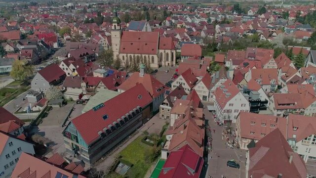 Germany Drone to townhall and church Peterskirche at Weilheim an der Teck 1of2