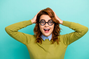 Close-up portrait of her she nice intelligent funny cheerful cheery wavy-haired girl wearing thick...
