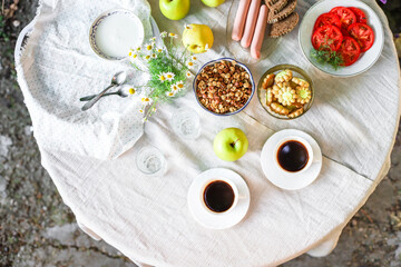 coffee and breakfast on the table tea party break outdoor food background top view copy space for text organic healthy eating