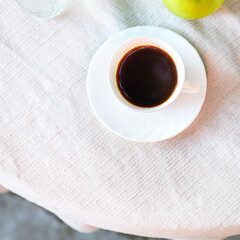 coffee and breakfast on the table tea party break outdoor food background top view copy space for text organic healthy eating