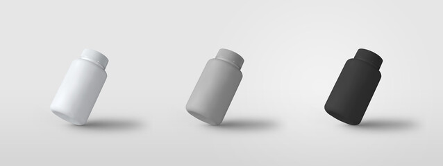 Mockup of plastic matte jars for pills or vitamins, for use in the medicine or beauty industry,...
