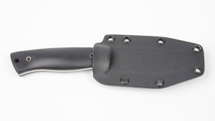 knife for camping and hunting in a plastic case on a white background. cutting tool. isolated object