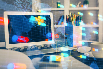 Double exposure of desktop with computer on background and tech theme drawing. Concept of big data.