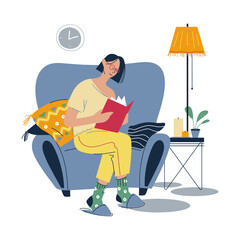 Home lifestyle. Young woman reading book on chair at home. Flat style vector illustration.