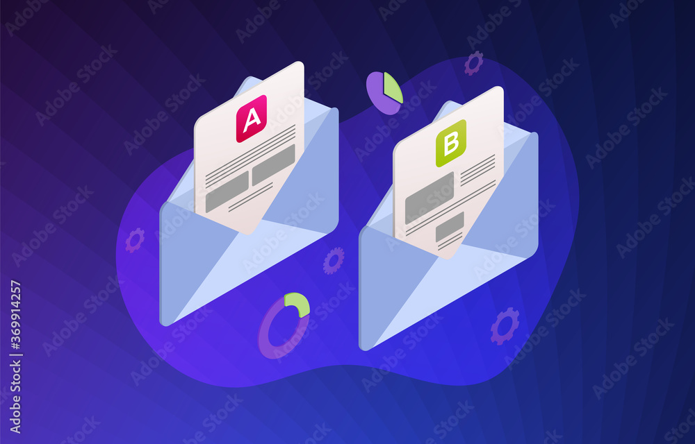 Poster email split test flat isometric vector illustration concept. e-mail a-b comparison test with positiv