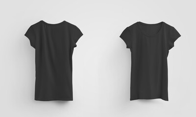 Female black t-shirt mockup, with shadows, front and back views, set for presentation of design and pattern.