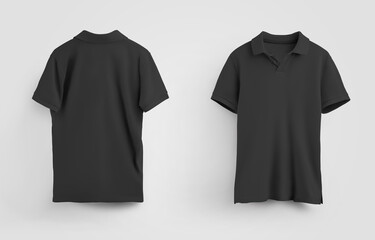 Men's polo t-shirt template in black color, with shadows, front and back view.