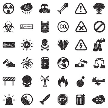 Biohazard And Danger Icons. Black Scribble Design. Vector Illustration.