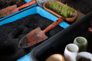 Blurred abstract background of gardening equipment, salted egg making using a mixture of (chalk,...