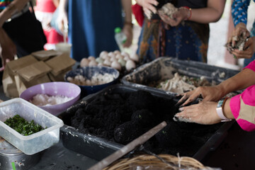 Blurred abstract background of gardening equipment, salted egg making using a mixture of (chalk, salt, duck egg, clean water) as an ingredient.