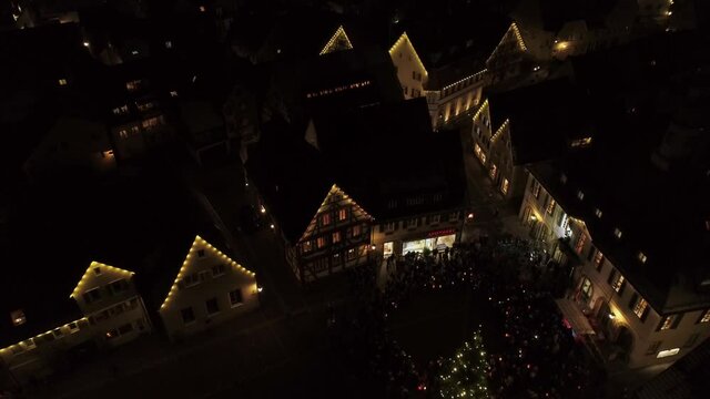 Aerial view at night Germany in city Weilheim an der Teck - Townhall and church