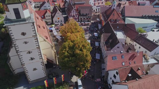 Germany Aerial shot of townhall and church at Weilheim an der Teck