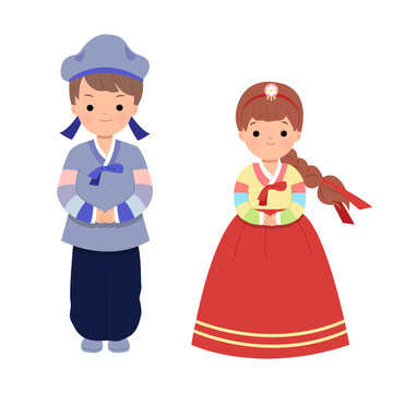 Male and female in traditional korean clothes for chuseok holiday celebration. Major harvest festival in North South Korea. Clip art set isolated on white background. Flat vector cute style.