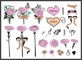 Fototapeta premium Set of bouquets. Teacher's Day, Parents day, Mother's Day. Red, pink flowers. Carnation, peony. Hand draw vector illustrations. 