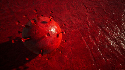 Concept or conceptual 3d illustration of coronavirus on red background as a warning for global outbreak and the danger of transmission of this deadly infectious respiratory disease