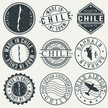 Chile Set of Stamps. Travel Stamp. Made In Product. Design Seals Old Style Insignia.