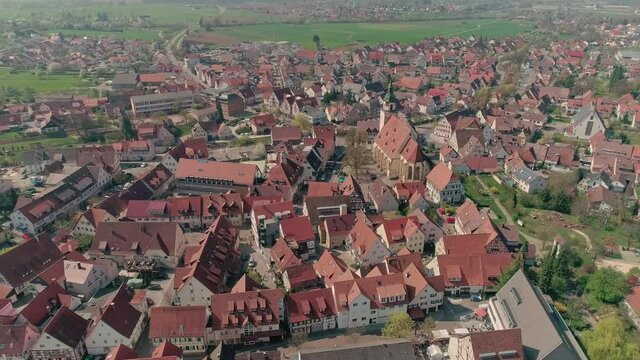 Aerial shot of townhall and church at Weilheim an der Teck, Germany
