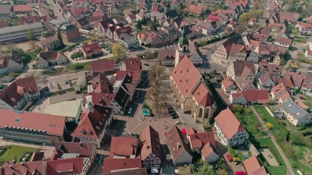 Aerial shot of townhall and church at Weilheim an der Teck, Germany