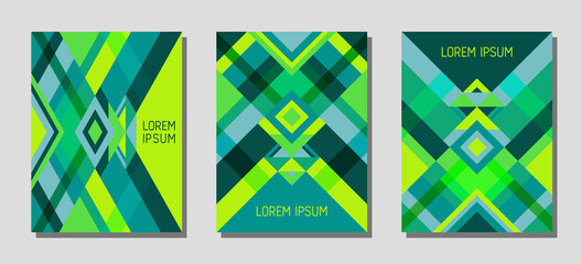 Cover page layout vector template geometric design with triangles and stripes pattern in green, turquoise.