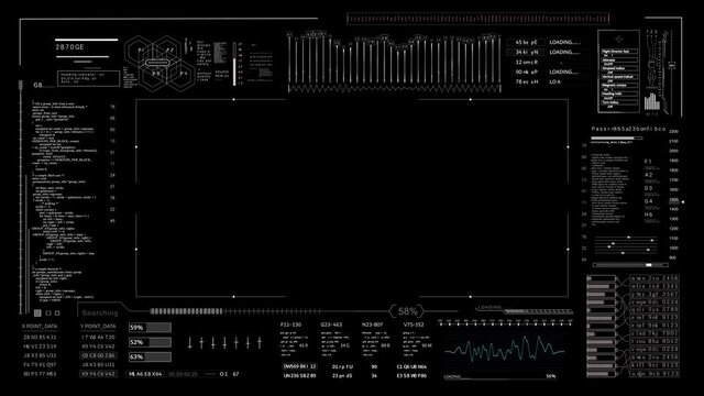 PNG Alpha.Frame futuristic viewfinder.HUD technological screen interface with data text code.Infographic digital elements.Futuristic technological Sci Fi panel.Robot technology.