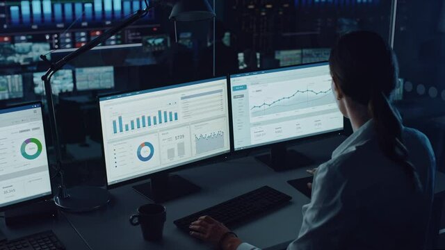 Professional Financial Data Analysts Working in a Modern Monitoring Office with Live Analytics Feed on a Big Digital Screen. Monitoring Room with Finance Specialists Sit in Front of Computers. 