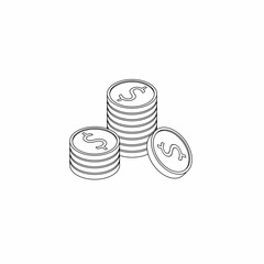 Gold coins stack Black Outline icon vector isometric.