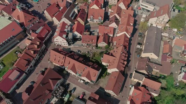 Aerial shot of townhall and church at Weilheim an der Teck, Germany