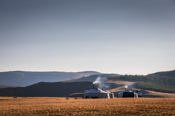 yurts in mongolian landscape