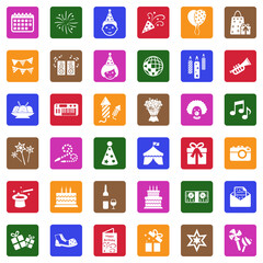 Birthday Icons. White Flat Design In Square. Vector Illustration.