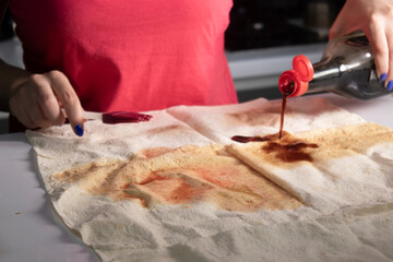 girl's hands prepare pita bread in a gray kitchen on a white table top. cooking process. High quality photo