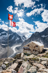 oberaletsch Mountain hut with Oberaletsch Glacier and the Swiss and Valais Flag